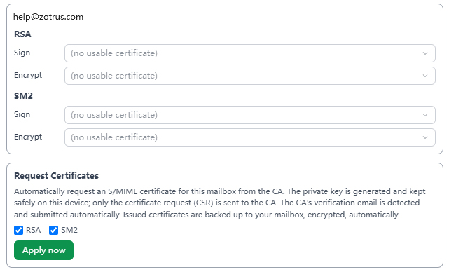 ZTmail Request Certificates